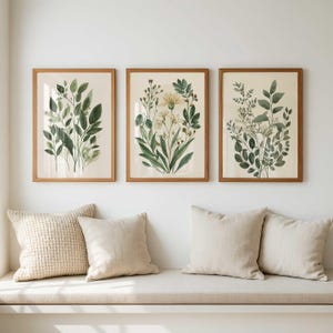 May include: Three framed botanical prints featuring detailed illustrations of various plants and flowers in shades of green and white. The prints are displayed in wooden frames, creating a natural and elegant aesthetic. The artwork is set above a bench with beige pillows.