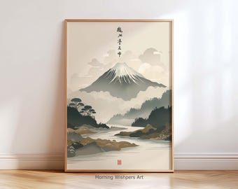 Impresión artística de pared con paisaje japonés del monte Fuji, póster minimalista de montaña Japandi, obra de arte de naturaleza zen, decoración de viajes japonesa