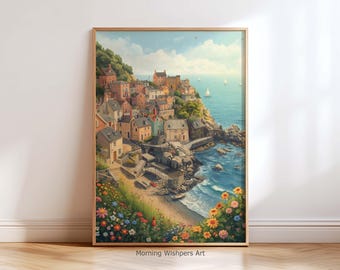 海岸沿いの村のウォールアートプリント、地中海の海辺の絵画、カラフルな崖の家、地中海のウォールアートポスター
