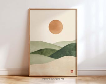 Könnte beinhalten: Gerahmter Kunstdruck mit einem minimalistischen Landschaftsmotiv. Er zeigt eine orangefarbene Sonne über grünen und beigen Hügeln. Das Kunstwerk ist vor einem cremefarbenen Hintergrund platziert. Der Text "Morning Wishpers Art" befindet sich unten.
