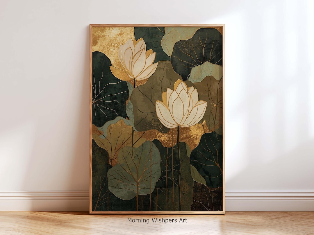 Golden Lotus Flower Wall Art Print, Modern Botanical Lotus Art Painting ...