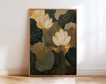 Golden Lotus Flower Wall Art Print, Modern Botanical Lotus Art Painting, Luxury Floral Artwork for Bedroom or Living Room Decor