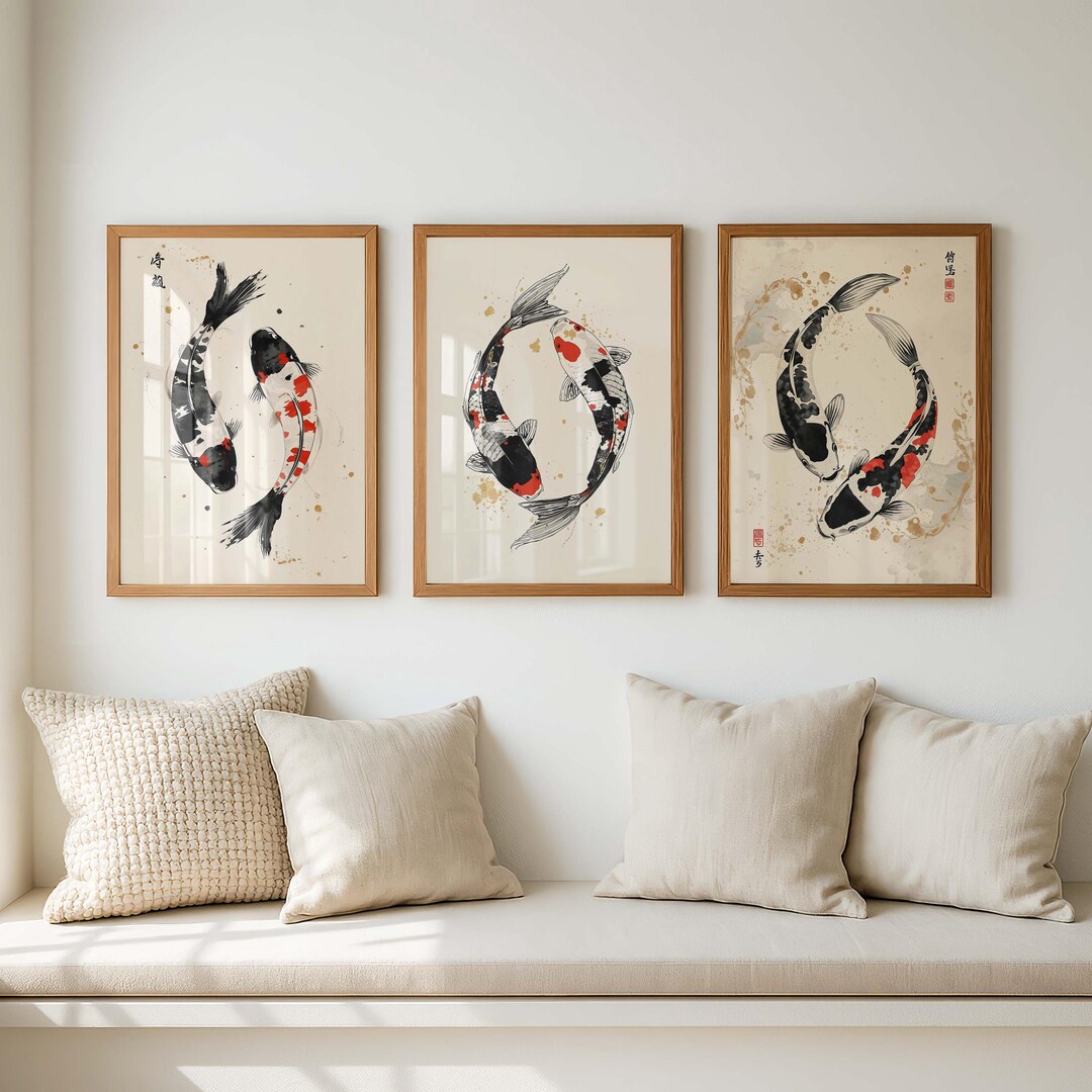 Japanese Koi Fish Wall Art Set of 3, Japandi Zen Minimalist Decor ...