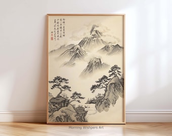 Inktberg Japanse muurkunstdruk, Japanse landschapsschilderkunst, zen minimalistisch decor, Japandi-kunst, decor kalme natuur