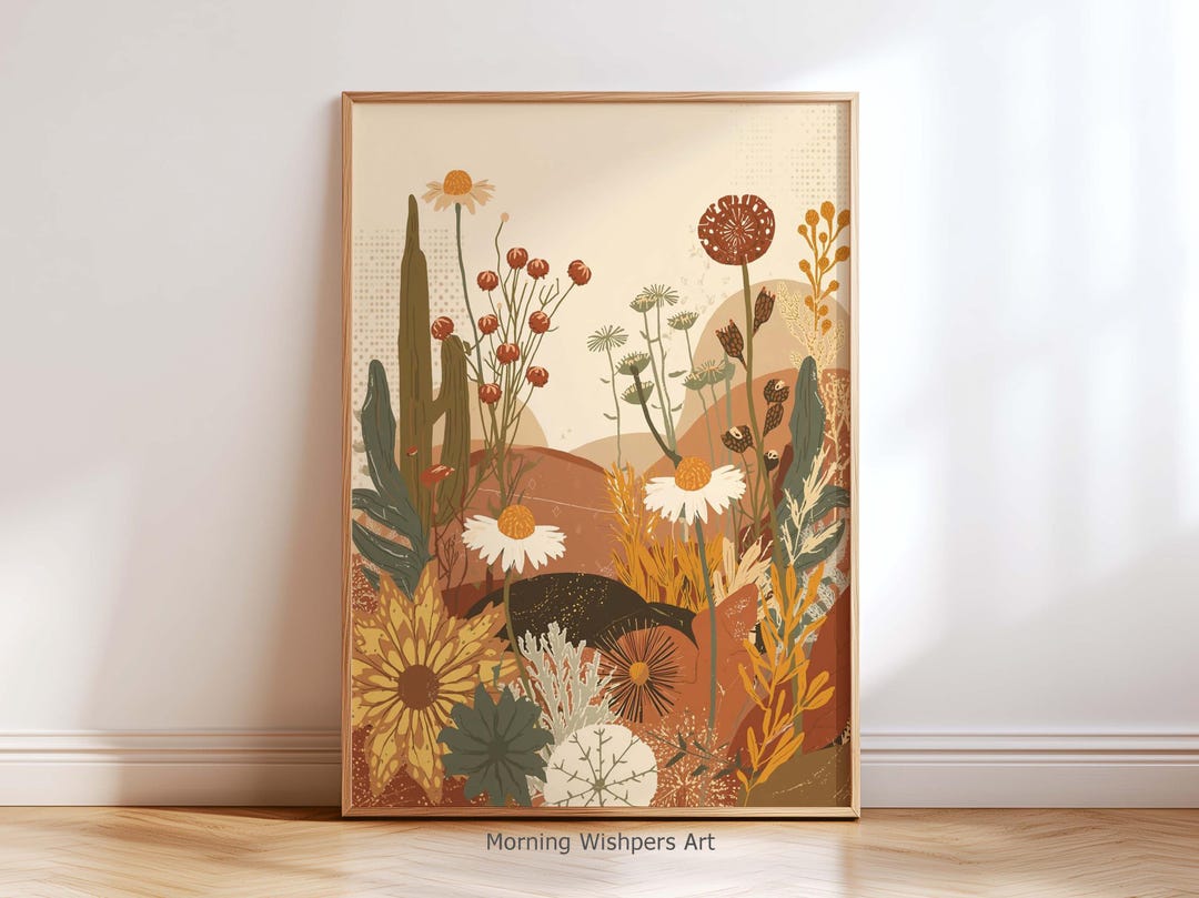Boho Botanical Wall Art Print, Desert Wildflower Poster, Earthy Floral ...