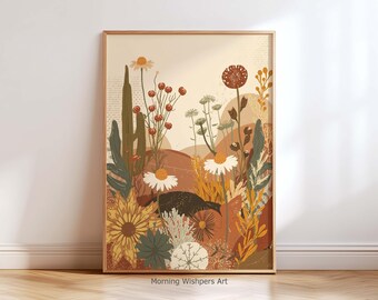 Boho Botanical Wall Art Print, Desert Wildflower Poster, Earthy Floral Landscape, Modern Nature Decor, Warm Tones Printable Art