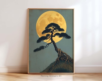 Japanese Bonsai Wall Art Print – Full Moon Vintage Japanese Decor, Minimalist Asian Home Decoration, Wabi Sabi Tree Poster