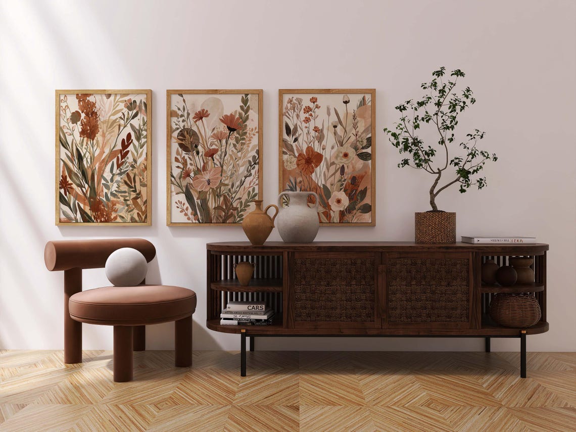 Boho Floral Wall Art Set of 3 | Neutral Botanical Prints, Minimalist ...