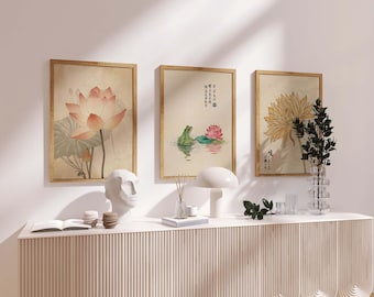 Japanese Lotus Wall Art Set of 3 – Asian Botanical Print, Zen Floral Decor, Vintage Water Lily Artwork, Minimalist Home Decor Posters