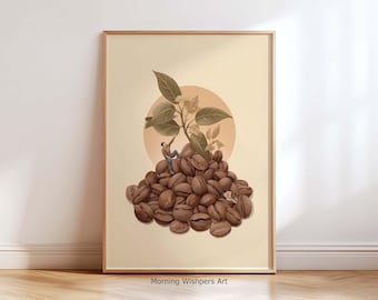 Botanical Coffee Beans Illustration Coffee Wall Art – Minimalist Coffee Poster, Modern Cafe Decor, Barista Kitchen Wall Art Coffee Print