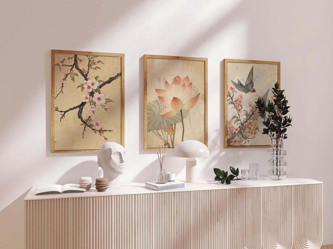 Japanese Vintage Wall Art Set of 3 – Cherry Blossom Poster, Lotus ...