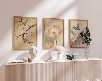 Japanese Vintage Wall Art Set of 3 – Cherry Blossom Poster, Lotus & Bird Botanical Prints, Japandi Wall Art Gift
