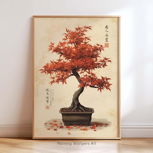 Puede incluir: Impresión artística enmarcada que presenta un bonsái con hojas rojas vibrantes. El árbol está en una maceta rectangular marrón oscuro, sobre un fondo crema. Hojas caídas esparcidas en la base. Caracteres japoneses visibles.