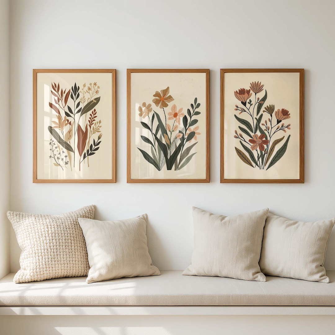 Set of 3 Neutral Botanical Wall Art Prints, Minimalist Floral Japandi ...