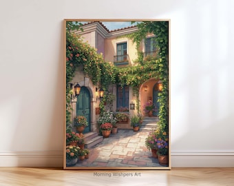 Italiaanse dorpsbinnenplaats muurkunst print, Italiaanse tuinschilderij, rustiek bloemenhuisdecor, Europees terraskunstwerk, dorpsmuurdecor cadeau
