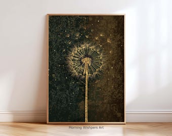 Golden Dandelion Wall Art Print – Botanical Flower Poster – Gold Nature Decor – Minimalist Modern Home Decor – Luxury Botanical Artwork