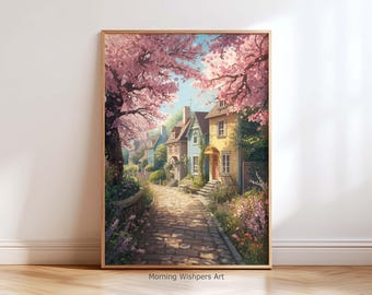 Spring Village Street Wall Art Print – Cottage Illustration Blooming Cherry Blossom Path Decor Gift