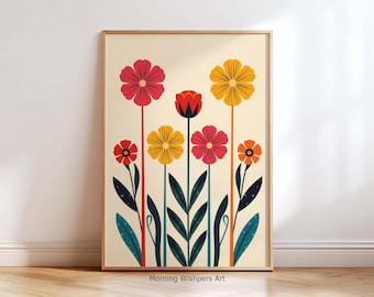 Colorful Mid Century Floral Wall Art – Retro Flower Poster Print, Minimalist Botanical Decor, Vintage Style Home Decor