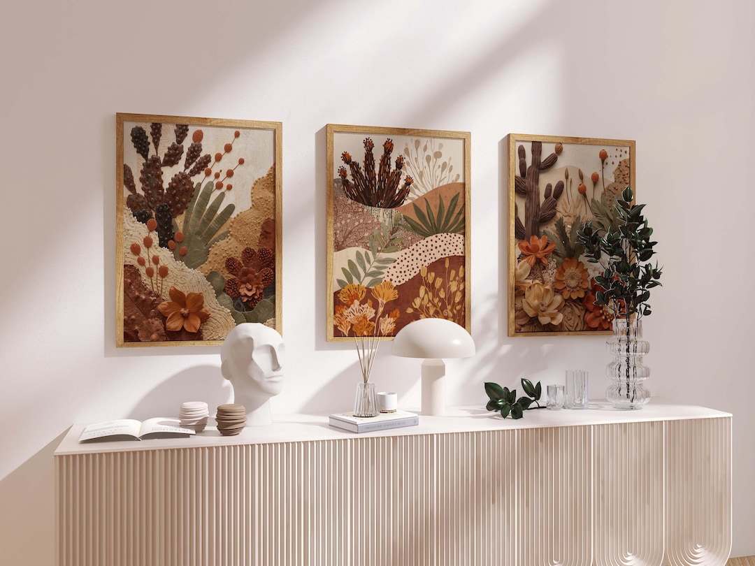 Boho Botanical Wall Art Set of 3 | Earthy Floral Prints, Neutral Nature ...