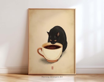 Schwarze Katze Poster - Niedliche Katzen Illustration Küchen Dekor, gemütliche Kaffeebar Wand Kunst Druck