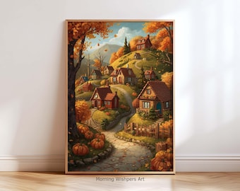 Herbst Dorf Wand Kunst Druck, Herbst Cottage Malerei, Kürbis Ernte Wohnkultur, rustikale Landschaft Wand Kunst Geschenk
