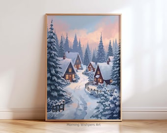 Winter Cabin Village Wall Art Print, Vintage Winter Village Painting Winter Landscape Wall Art Print Country Winter Print Holiday Decor