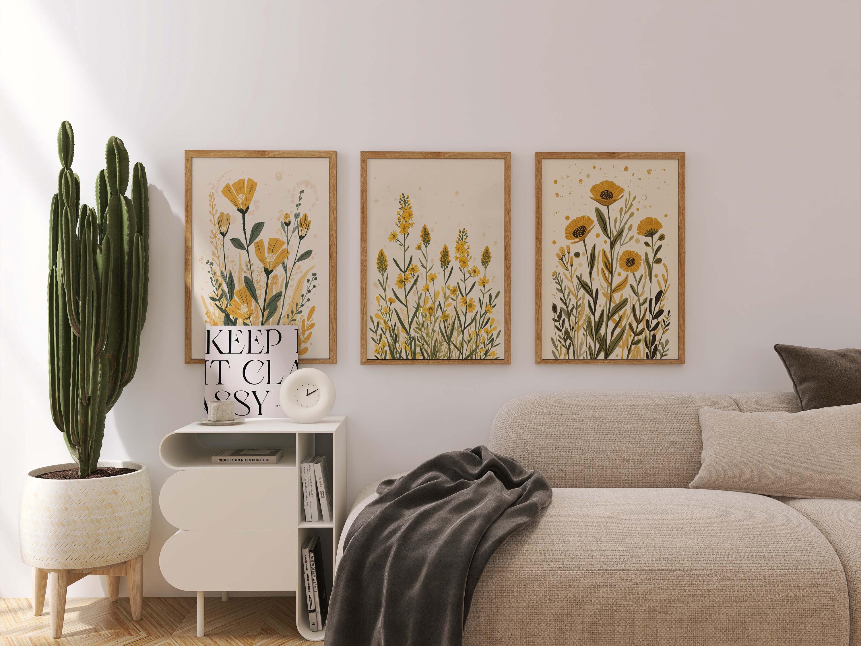 Botanical Wall Art Set of 3 | Yellow Floral Prints, Modern Minimalist ...