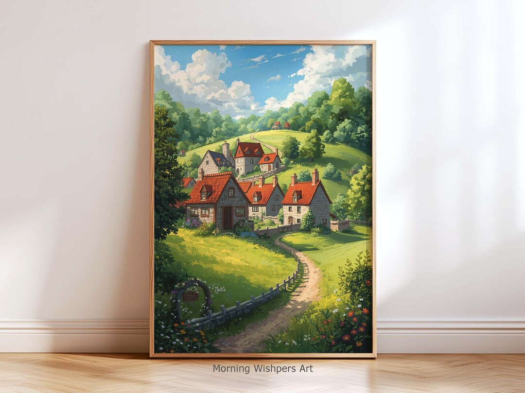 Cottagecore Village Wall Art Print – Serene Countryside Landscape ...