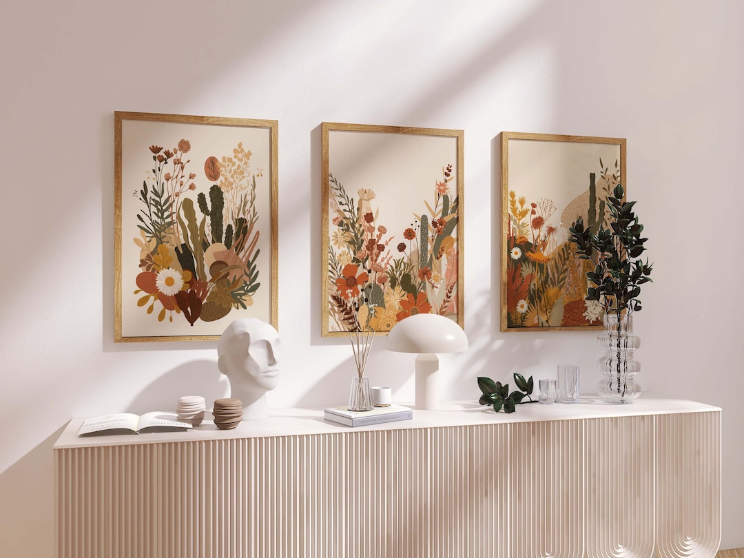 Botanical Wall Art Trio – Warm Earthy Boho Prints, Neutral Floral Set ...