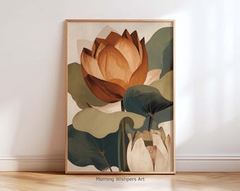 Boho Lotus Flower Wall Art Print, Minimalist Botanical Poster, Terracotta Floral Decor, Japandi Style Nature Artwork, Modern Home Wall Decor