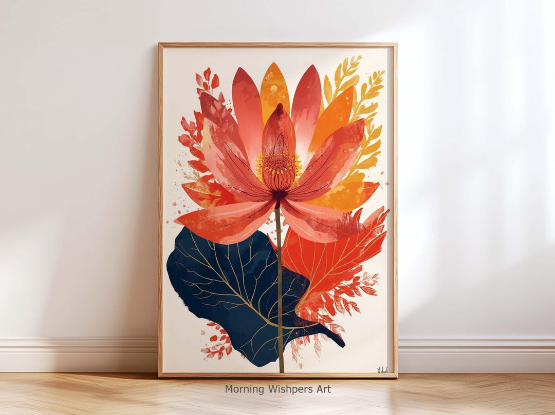 Boho Lotus Flower Wall Art Print – Red Orange Botanical Poster, Modern ...