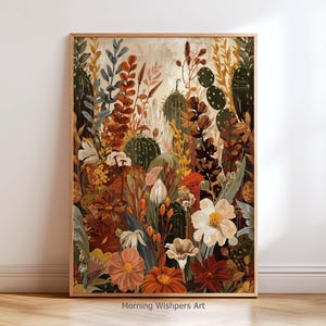 Boho Botanical Wall Art Print, Autumn Floral Poster, Warm Earth Tone Nature Artwork, Fall Garden Print, Modern Rustic Home Decor