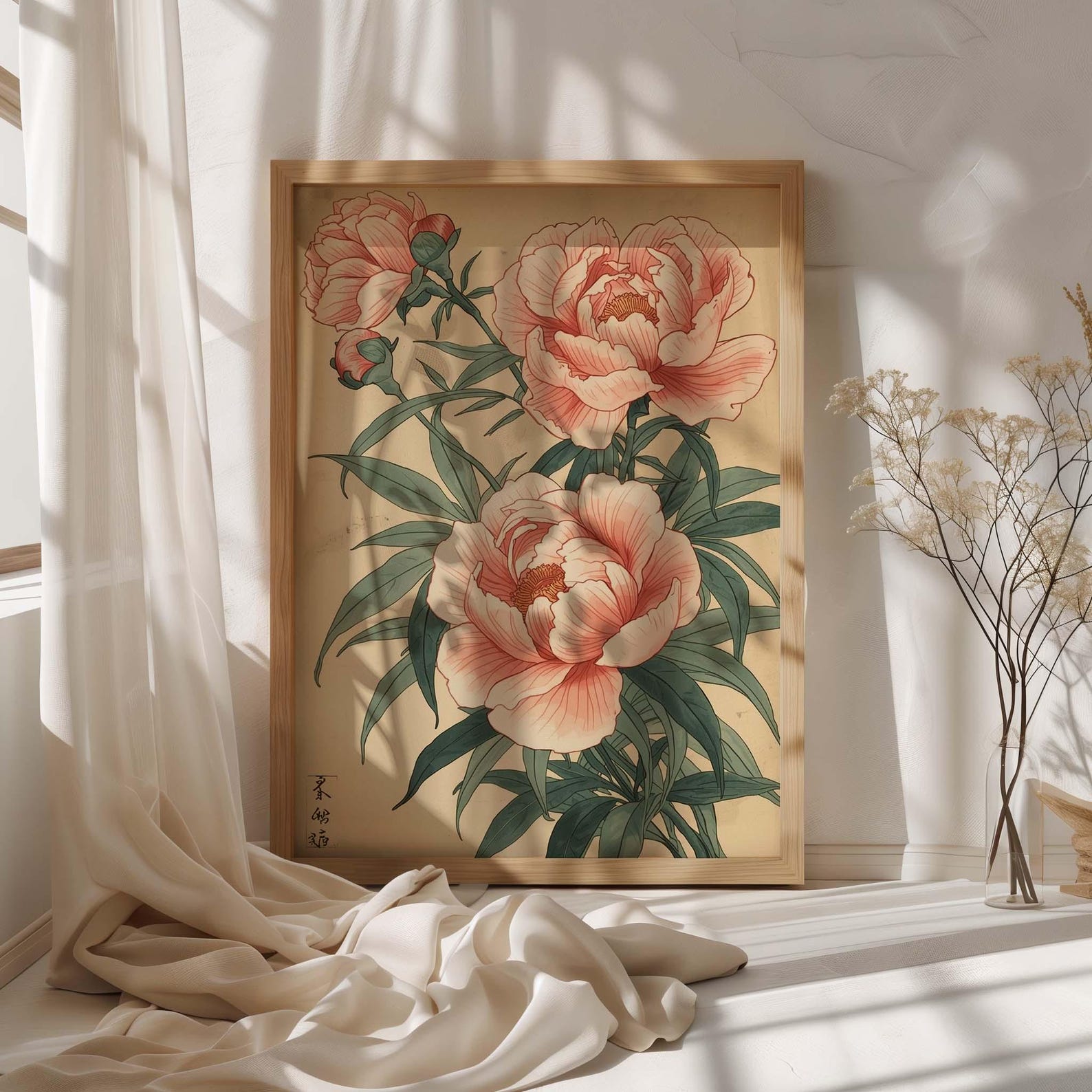 Japanese Peony Wall Art Print – Vintage Ukiyo-e Botanical Decor ...