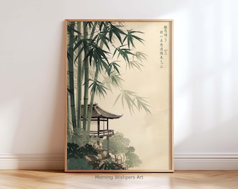 Zen japansk bambu väggkonsttryck – Asiatisk huslandskapsdekor, minimalistisk orientalisk naturillustration