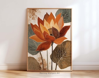 Rustic Lotus Flower Wall Art Print, Terracotta Botanical Poster, Boho Floral Artwork, Minimalist Nature Decor for Living Room or Bedroom