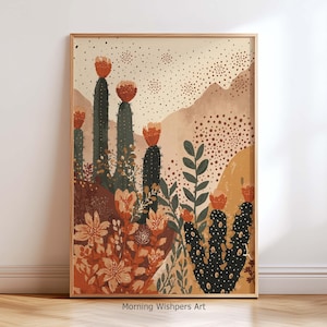 Boho Desert Cactus Wall Art Print, Southwest Botanical Poster, Terracotta Floral Landscape Artwork, Modern Bohemian Wall Decor, Nature Print