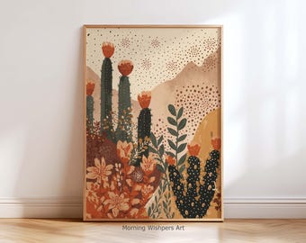Boho Desert Cactus Wall Art Print, Southwest Botanical Poster, Terracotta Floral Landscape Artwork, Modern Bohemian Wall Decor, Nature Print