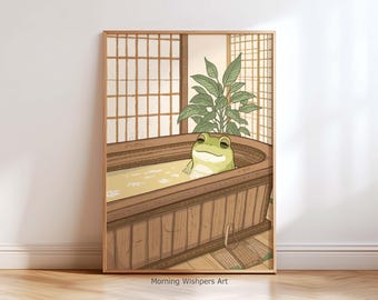 Frog in Bathtub Japanese Wall Art, Japandi Bathroom Decor, Relaxing Japanese Poster