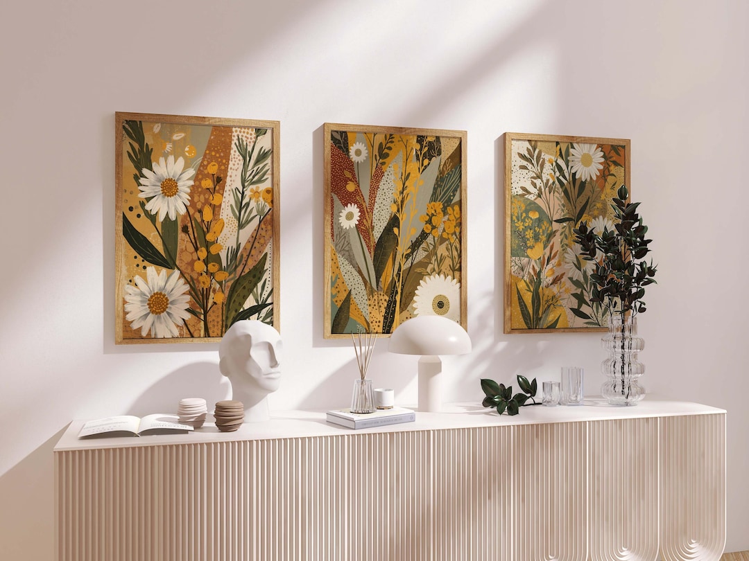 Botanical Wall Art Set of 3 | Neutral Floral Prints, Daisy Flower Art ...