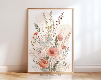 Boho Floral Wall Art Print, Neutral Botanical Poster, Minimalist Wildflower Artwork for Modern Home Decor