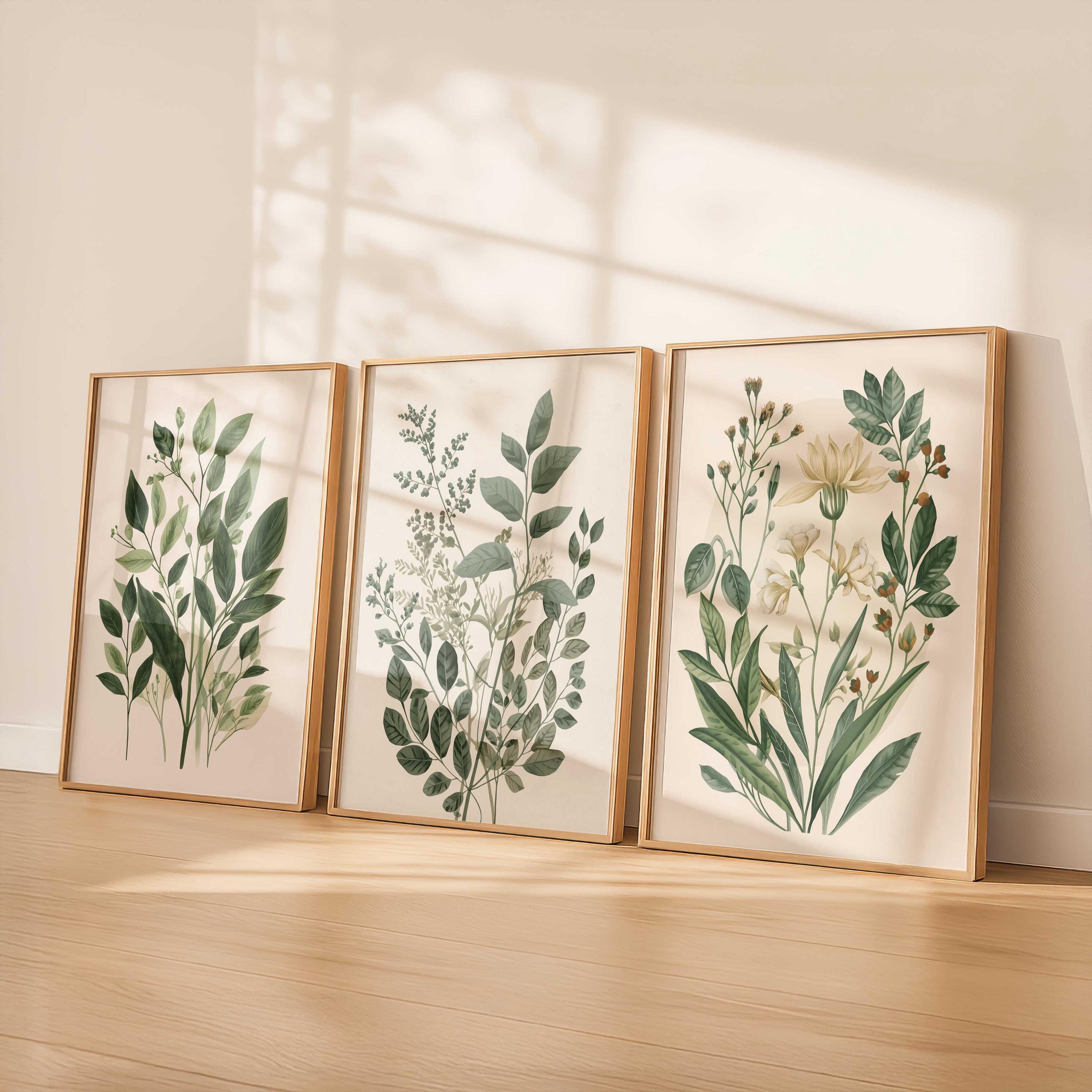 Sage Green Botanical Wall Art Set of 3, Neutral Floral Prints, Vintage ...