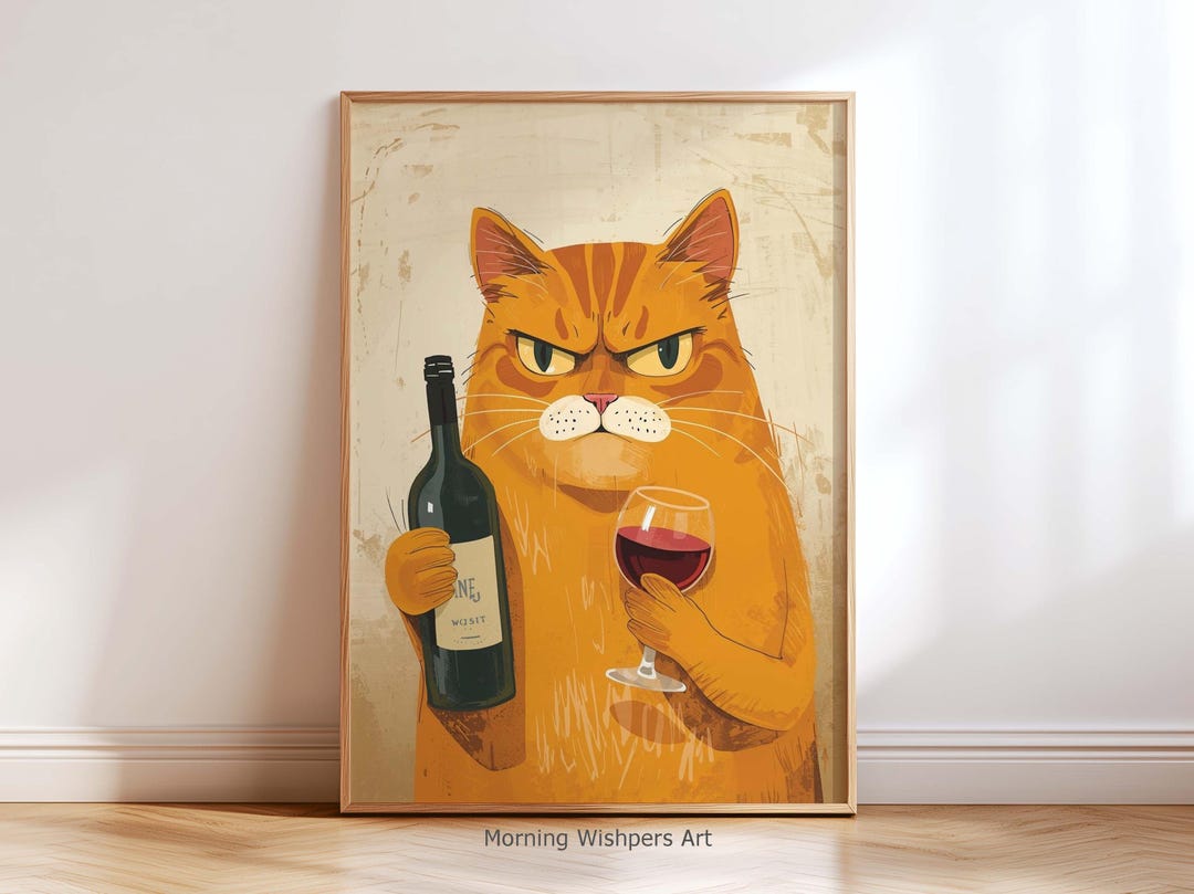 Cat Holding Wine Wall Art Print, Funny Grumpy Cat Poster, Wine Lover ...