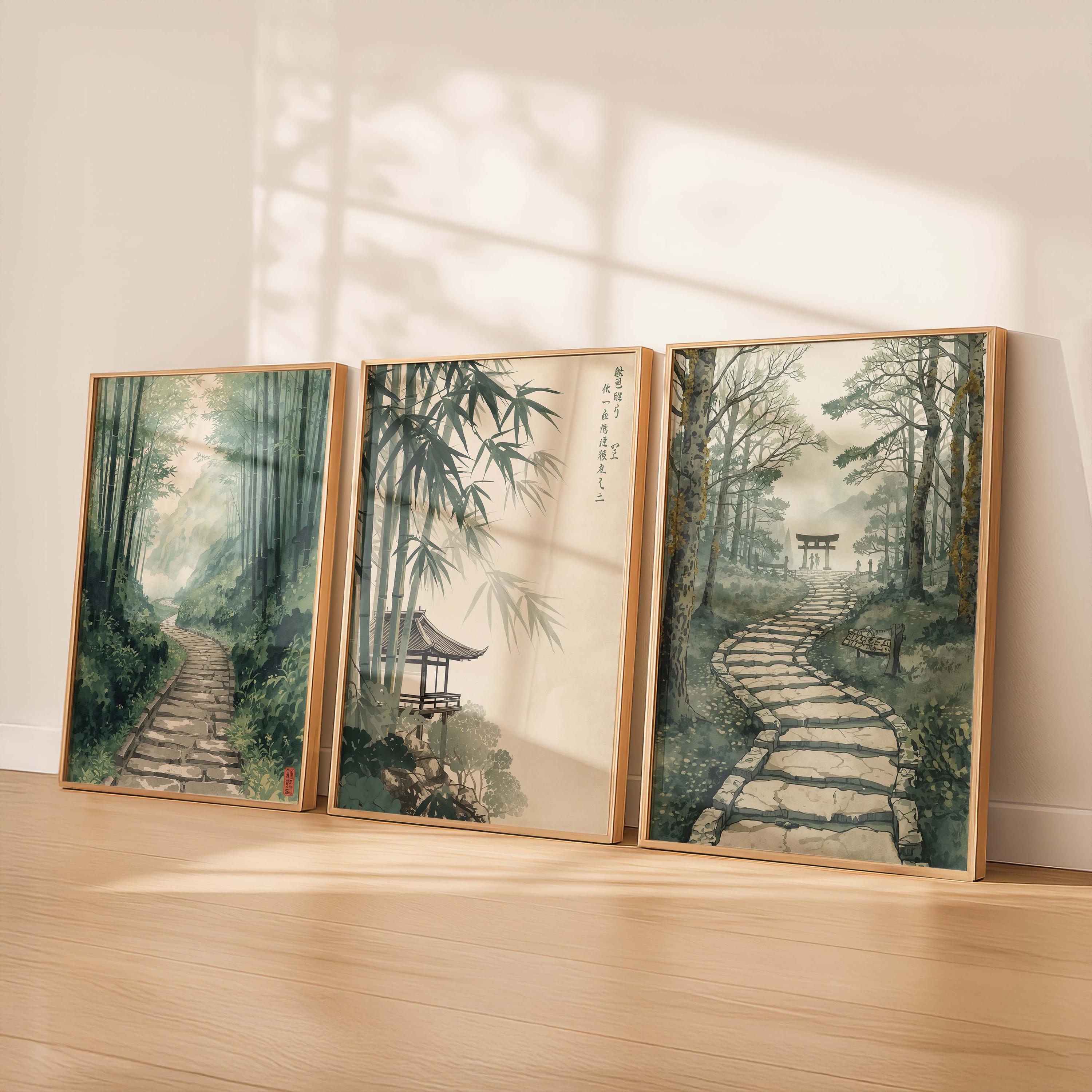 Japanese Forest Path Wall Art Set of 3 – Bamboo Trail Decor, Zen Nature ...
