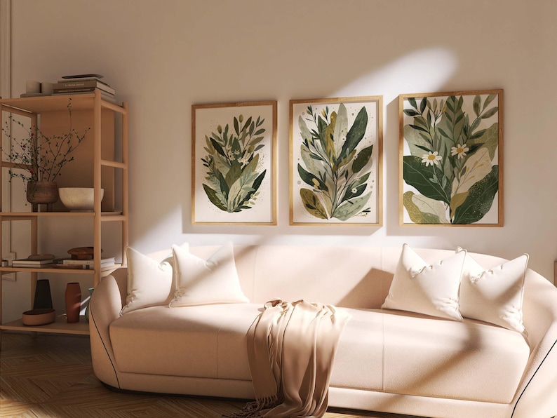 Botanical Wall Art Set of 3 – Neutral Green Leaf Prints, Minimalist ...