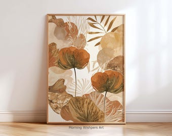 Boho Botanische Wand Kunst Druck, Terrakotta Abstraktes Blumen Poster, Neutral Erdton Wohnkultur, Moderne Natur Druck für Wohnzimmer