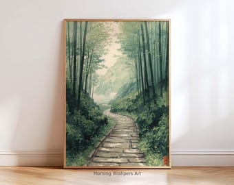 Serene Bamboo Forest Path Japanische Wand Kunst Druck - Neblige Berglandschaft, japanische Zen Natur Gemälde für Wohnzimmer Dekor