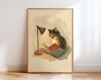 Reading Cat Wall Art Print – Cozy Cat Poster Illustration, Book Lover Decor, Cute Cat Bedroom Poster, Cozy Reading Nook Print