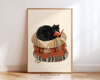 Cat Reading Wall Art Print – Black Cat Wall Art, Black Cat Poster Reading Book Gift for Readers & Cat Lovers
