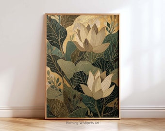 Puede incluir: Una impresión artística enmarcada con un diseño botánico. Presenta dos grandes flores de loto y un exuberante follaje en tonos verdes, dorados y beige. La obra de arte tiene una estética vintage, con el texto "Morning Wishpers Art" en la parte inferior.