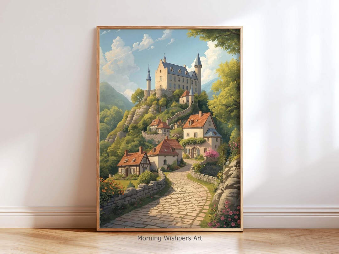 Fairytale Castle Mountain Wall Art Print, European Village Painting ...